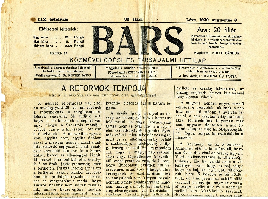 A Bars című  lévai újság amelyben a falu vissazcstolásáról ír