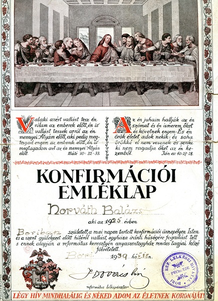 Konfirmációs Emléklap 1925-ből Csáky Károly reprodukciója
