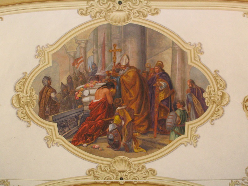 Vajk megkeresztelése a templom szentélyfreskóján Csáky Károly felvételén