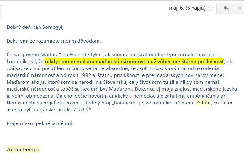 Demján Zoltán szlovák nyelvű levele.