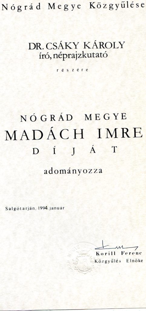A szerző Madách-díja